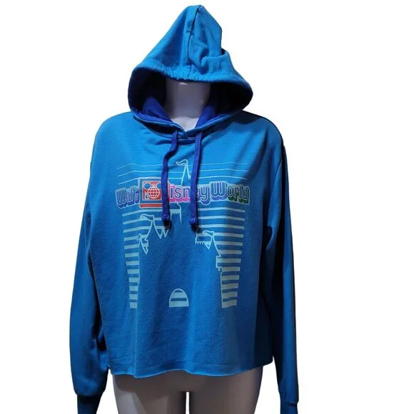 Disney Parks Women’s Medium Blue Retro Print Castle Cropped Hoodie Lightweight - Picture 4 of 7